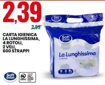 Eurospin CARTA IGIENICA LA LUNGHISSIMA, 4 ROTOLI, 2 VELI, 600 STRAPPI offerta
