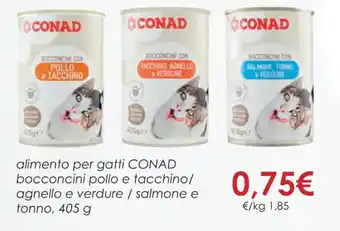 Conad alimento per gatti CONAD bocconcini pollo e tacchino/ agnello e verdure / salmone e tonno, 405 g offerta