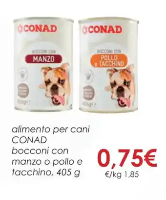 Conad alimento per cani CONAD bocconi con manzo o pollo e tacchino, 405 g offerta