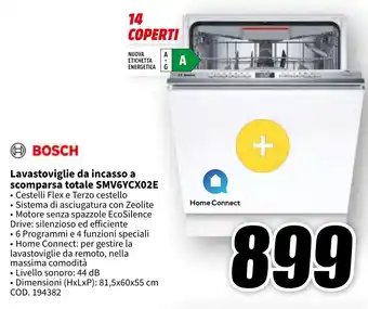 MediaWorld BOSCH Lavastoviglie da incasso a scomparsa totale SMV6YCX02E offerta