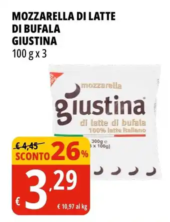 Tigros MOZZARELLA DI LATTE DI BUFALA GIUSTINA 100 g x 3 offerta