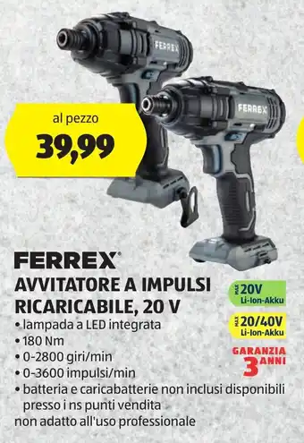 ALDI FERREX AVVITATORE A IMPULSI RICARICABILE, 20 V offerta