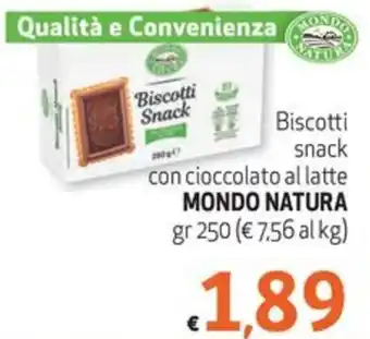 Eurospesa Biscotti snack con cioccolato al latte MONDO NATURA gr 250 offerta