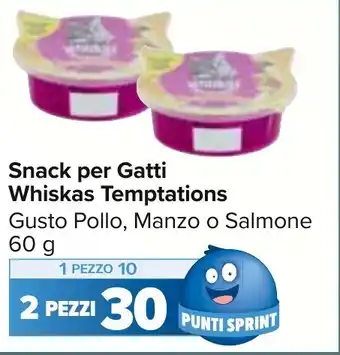 Carrefour Market Snack per Gatti Whiskas Temptations Gusto Pollo, Manzo o Salmone 60 g offerta