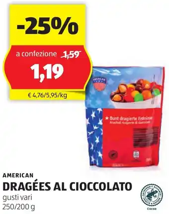 ALDI AMERICAN DRAGÉES AL CIOCCOLATO gusti vari 250/200 g offerta