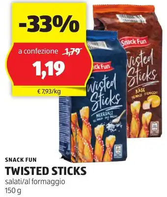 ALDI SNACK FUN TWISTED STICKS salati/al formaggio 150 g offerta