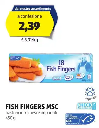 ALDI FISH FINGERS MSC bastoncini di pesce impanati 450 g offerta