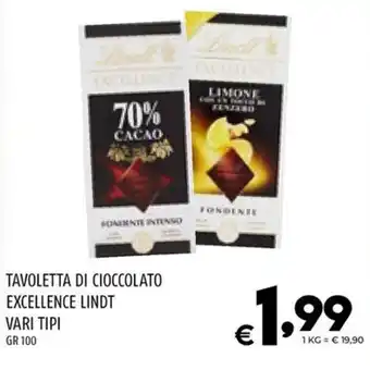 TAVOLETTA DI CIOCCOLATO EXCELLENCE LINDT VARI TIPI GR 100