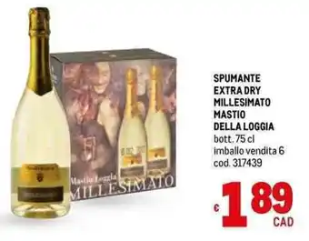 Metro SPUMANTE EXTRA DRY MILLESIMATO MASTIO DELLA LOGGIA bott. 75 cl offerta
