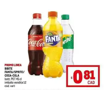 Metro BIBITE FANTA/SPRITE/ COCA-COLA bott. PET 45 cl offerta
