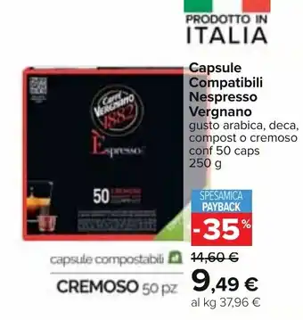 Carrefour Capsule Compatibili Nespresso Vergnano conf 50 caps 250 g offerta