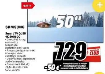 MediaWorld SAMSUNG Smart TV QLED 4K 50Q80C offerta