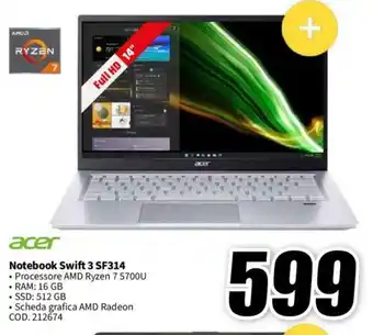 MediaWorld acer Notebook Swift 3 SF314 offerta