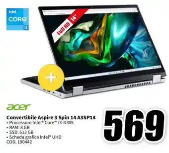 MediaWorld acer Convertibile Aspire 3 Spin 14 A3SP14 offerta