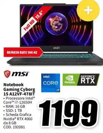 MediaWorld msi Notebook Gaming Cyborg 15 A12VF-478IT offerta