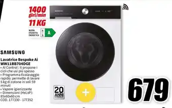MediaWorld SAMSUNG Lavatrice Bespoke Ai WW11BB704DGE offerta