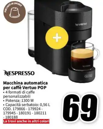 MediaWorld NESPRESSO Macchina automatica per caffè Vertuo POP offerta