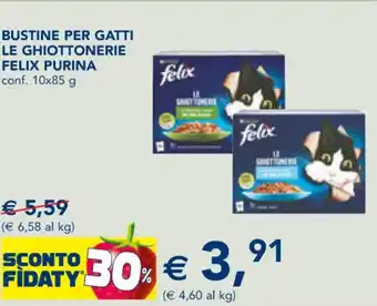 Esselunga BUSTINE PER GATTI LE GHIOTTONERIE FELIX PURINA conf. 10x85 g offerta