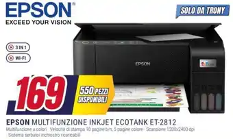 Trony EPSON MULTIFUNZIONE INKJET ECOTANK ET-2812 offerta