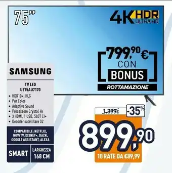 Unieuro Samsung TV Crystal UHD 4K 75” UE75AU7170 Smart TV Wi-Fi Titan Gray 2021 offerta