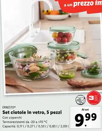 Lidl ERNESTO Set ciotole in vetro, 5 pezzi offerta