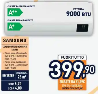 Unieuro SAMSUNG CONDIZIONATORE MONOSPLIT LUZON 9 offerta