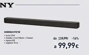 Unieuro Sony HTSF150, Soundbar Singola A 2 Canali Con Bluetooth offerta