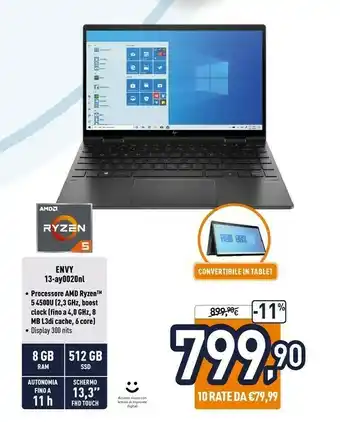 Unieuro HP ENVY X360 13-ay0020nl Ibrido (2 In 1) 33,8 Cm (13.3") Touch Screen Full HD AMD Ryzen 5 8 GB DDR4-SDRAM 512 GB SSD Wi-Fi 5  offerta