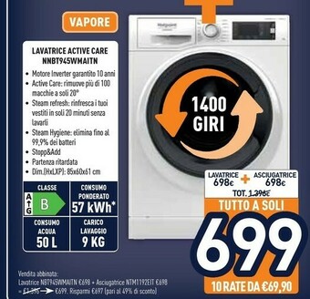 Unieuro Hotpoint NBT 945 WM A IT N Lavatrice Libera Installazione Caricamento Frontale 9 Kg 1400 Giri/min B Bianco offerta