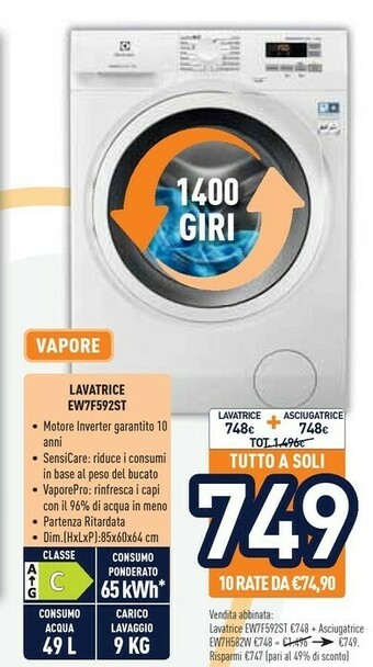 Unieuro Electrolux EW7F592ST Lavatrice Libera Installazione Caricamento Frontale Bianco 9 Kg 1400 Giri/min A+++ offerta