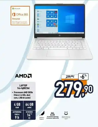 Unieuro HP 14s-fq0023nl DDR4-SDRAM Computer Portatile 35,6 Cm (14") 1366 X 768 Pixel AMD Athlon 4 GB 64 GB EMMC Wi-Fi 5 (802.11ac) Wi offerta