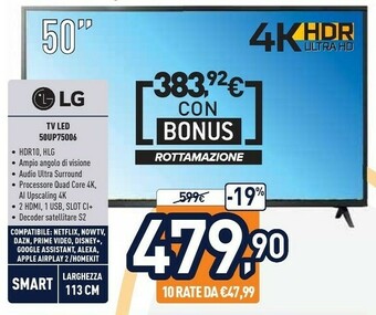 Unieuro LG 50UP75006LF TV 127 Cm (50") 4K Ultra HD Smart TV Wi-Fi Nero offerta