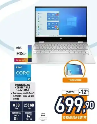 Unieuro HP Pavilion X360 14-dw1001nl Ibrido (2 In 1) 35,6 Cm (14") Touch Screen Full HD Intel® Core™ I5 Di Undicesima Generazione 8 G offerta