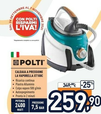 Unieuro Polti La Vaporella XT100C 2400 W 1,5 L Alluminio Grigio, Turchese, Bianco offerta