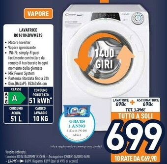 Unieuro Candy RapidÓ RO 14104DWME/1-S Lavatrice Libera Installazione Caricamento Frontale 10 Kg 1400 Giri/min A Bianco offerta