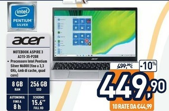 Unieuro Acer Aspire 3 A315-35-P20R Computer Portatile 39,6 Cm (15.6") Full HD Intel® Pentium® Silver 8 GB DDR4-SDRAM 256 GB SSD Wi-Fi offerta