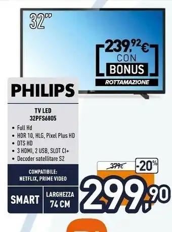 Unieuro Philips 6800 Series 32PFS6805/12 TV 81,3 Cm (32") Full HD Smart TV Wi-Fi Nero offerta