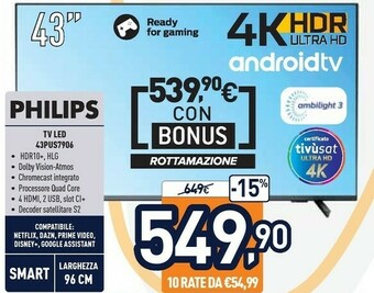 Unieuro Philips 7900 Series 43PUS7906/12 TV 109,2 Cm (43") 4K Ultra HD Smart TV Wi-Fi Grigio offerta