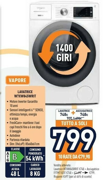 Unieuro Tempo Whirlpool W7X W845WR IT Lavatrice Libera Installazione Caricamento Frontale 8 Kg 1351 Giri/min B Bianco offerta