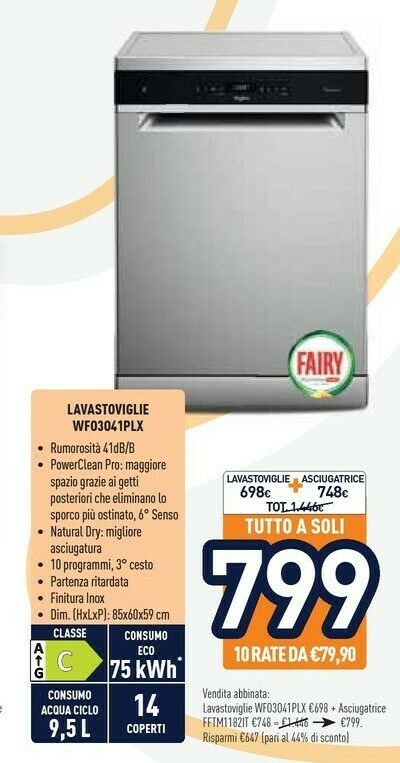 Whirlpool WFO 3O41 PL X Lavastoviglie Libera Installazione 14 Coperti C  offerta di Unieuro