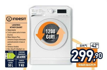 Unieuro Indesit MTWE 91284 W IT Lavatrice Libera Installazione Caricamento Frontale 9 Kg 1200 Giri/min C Bianco offerta