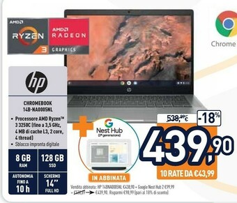 Unieuro HP Chromebook 14b-na0005nl 35,6 Cm (14") Full HD AMD Ryzen 3 8 GB DDR4-SDRAM 128 GB SSD Wi-Fi 6 (802.11ax) Chrome OS Argento offerta