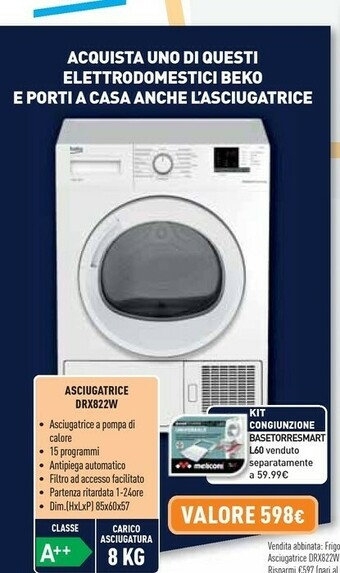 Unieuro Beko DRX822W Asciugatrice Libera Installazione Caricamento Frontale Bianco 8 Kg A++ offerta