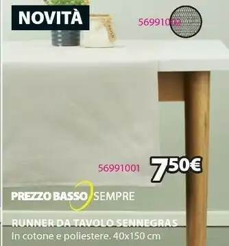 JYSK Sennergras Runner Da Tavolo In Cotone E Poliestere 40x150 Cm offerta