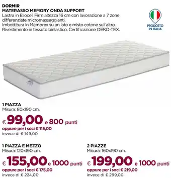 DORMIR MATERASSO MEMORY ONDA SUPPORT 1 PIAZZA Misura: 80x190 cm.