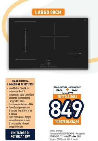 Unieuro Bosch Serie 6 PVS831FB5E Piano Cottura Nero Da Incasso 80 Cm A Induzione 4 Fornello(i) offerta