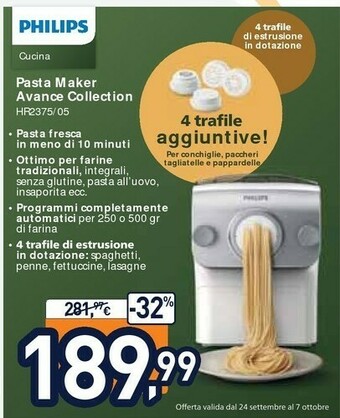Unieuro Philips Avance Collection Pasta Maker HR2375/05, Macchina Per Pasta Fresca Automatica offerta