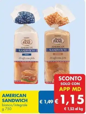 MD Discount AMERICAN SANDWICH bianco/integrale g 750 offerta