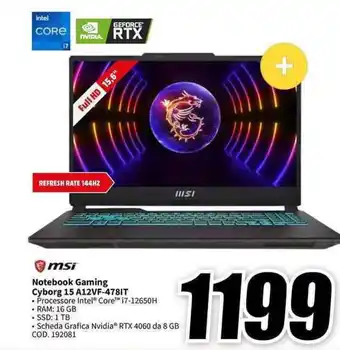 MediaWorld msi Notebook Gaming Cyborg 15 A12VF-478IT offerta