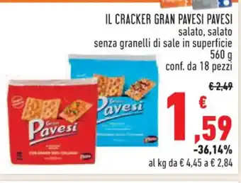 Conad IL CRACKER GRAN PAVESI PAVESI salato, salato senza granelli di sale in superficie 560 g conf. da 18 pezzi offerta